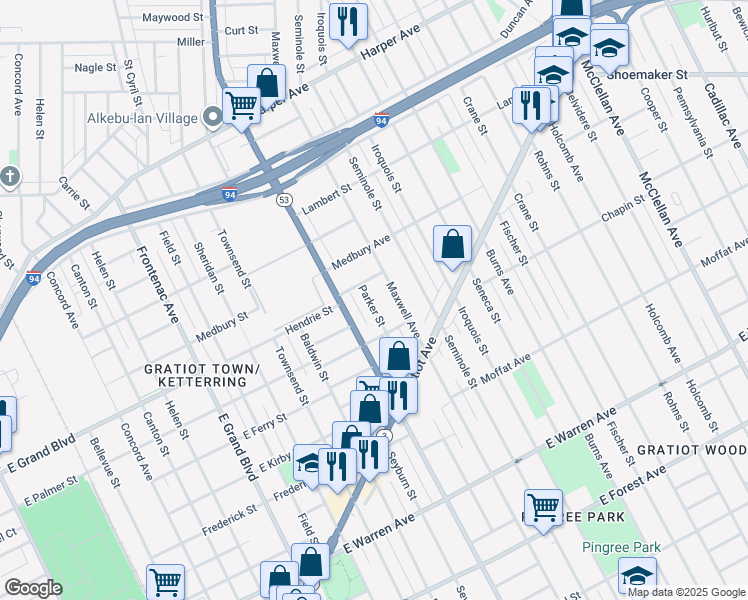map of restaurants, bars, coffee shops, grocery stores, and more near 8044 Hendrie Street in Detroit