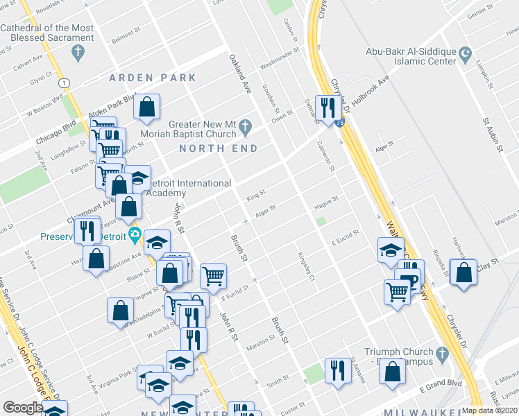 map of restaurants, bars, coffee shops, grocery stores, and more near 553 Alger Street in Detroit