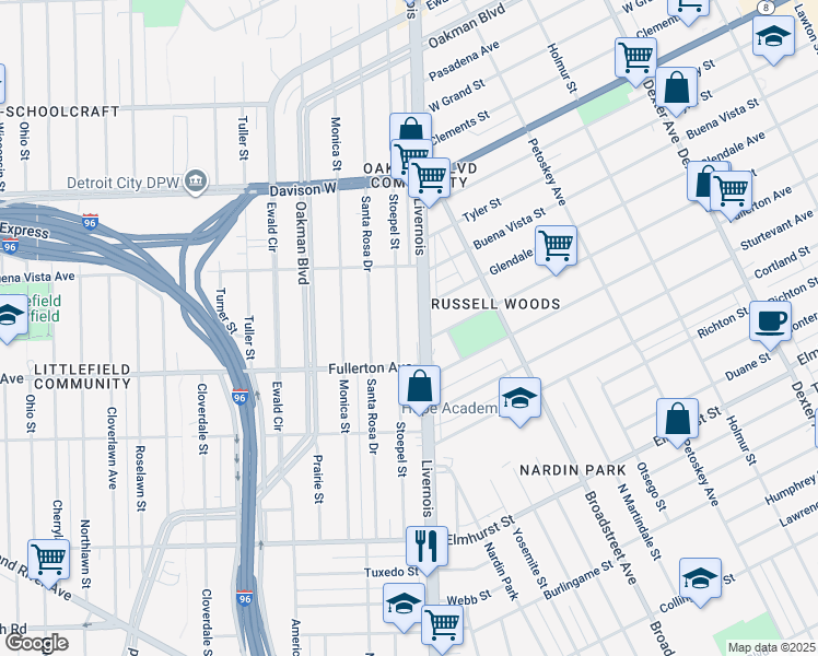 map of restaurants, bars, coffee shops, grocery stores, and more near 12683 Stoepel Street in Detroit