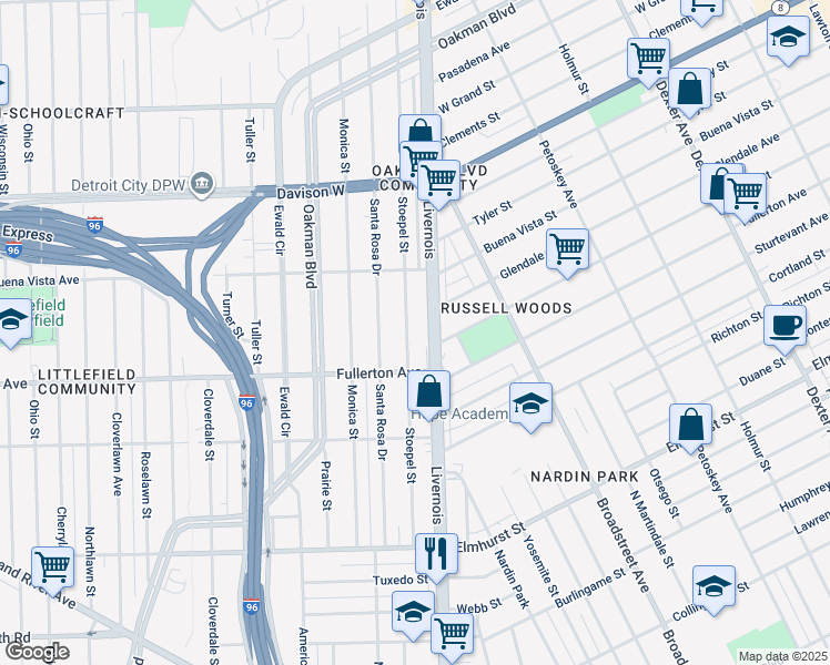 map of restaurants, bars, coffee shops, grocery stores, and more near 12683 Stoepel Street in Detroit