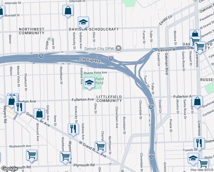 map of restaurants, bars, coffee shops, grocery stores, and more near 12708 Northlawn Street in Detroit