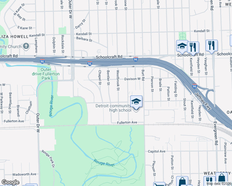 map of restaurants, bars, coffee shops, grocery stores, and more near 12865 Westbrook Street in Detroit