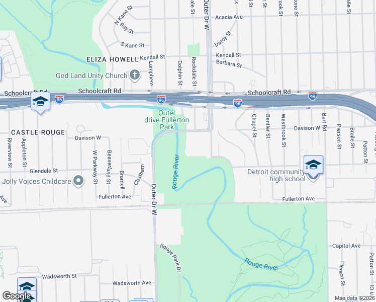 map of restaurants, bars, coffee shops, grocery stores, and more near 12645 Outer Drive West in Detroit