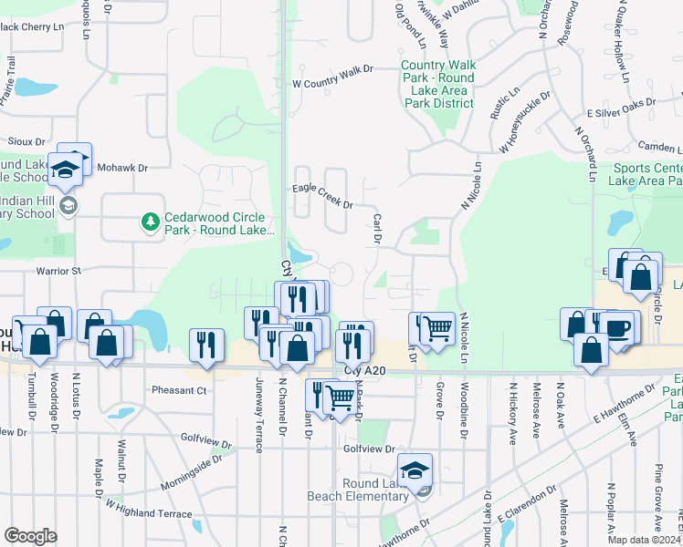 map of restaurants, bars, coffee shops, grocery stores, and more near 212 Mary Court in Round Lake Beach