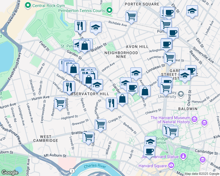 map of restaurants, bars, coffee shops, grocery stores, and more near 6 Garden Terrace in Cambridge