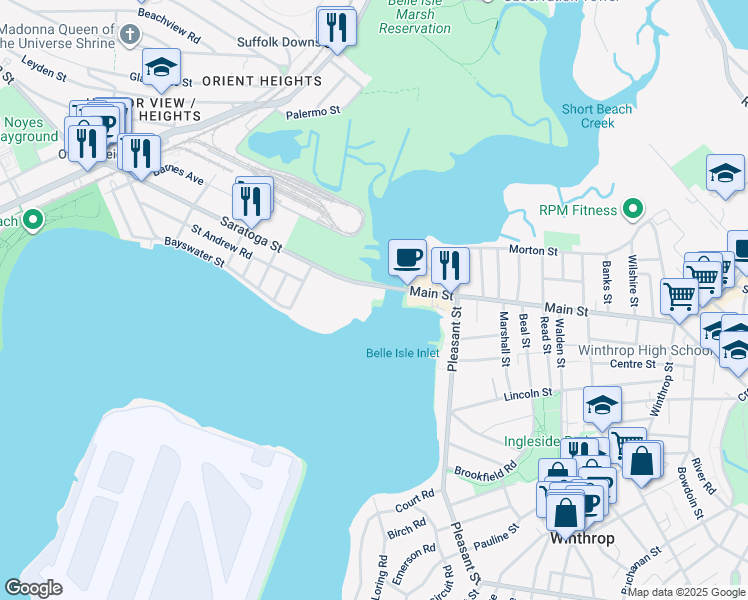 map of restaurants, bars, coffee shops, grocery stores, and more near 1263 Saratoga Street in Boston