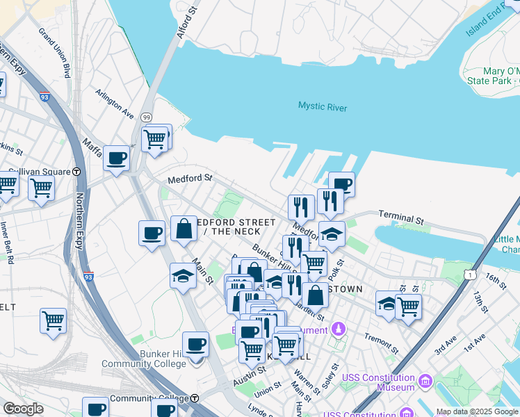 map of restaurants, bars, coffee shops, grocery stores, and more near 412 Medford Street in Boston