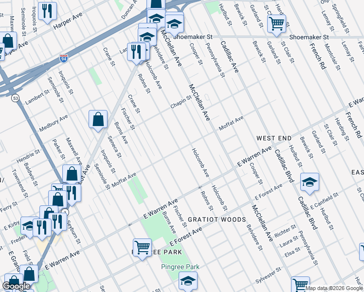 map of restaurants, bars, coffee shops, grocery stores, and more near 5323 Rohns Street in Detroit