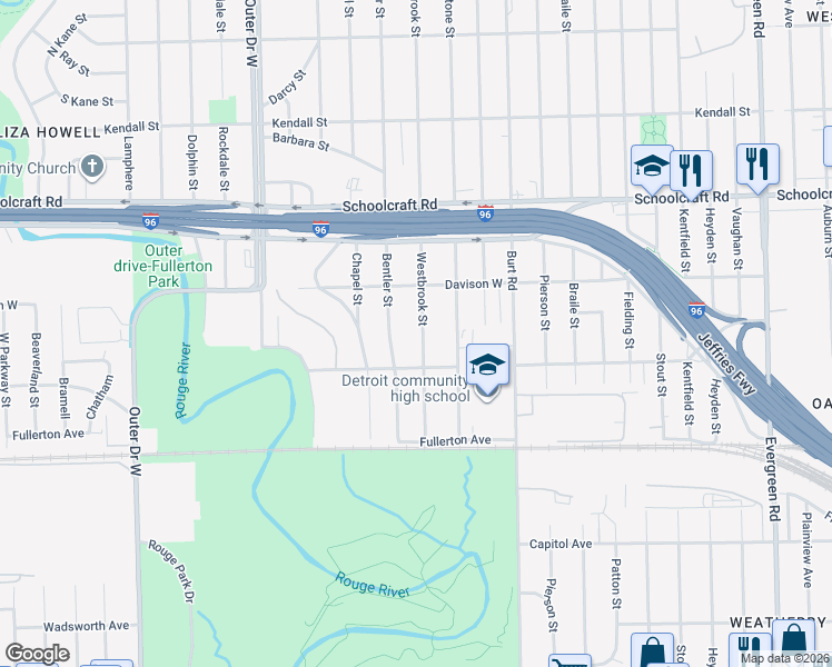 map of restaurants, bars, coffee shops, grocery stores, and more near 12865 Westbrook Street in Detroit