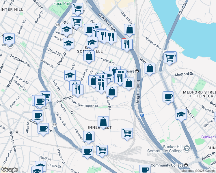 map of restaurants, bars, coffee shops, grocery stores, and more near 3 Washington Street in Somerville