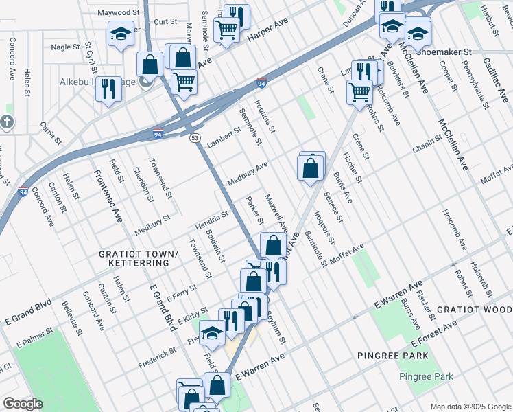 map of restaurants, bars, coffee shops, grocery stores, and more near 8044 Hendrie Street in Detroit