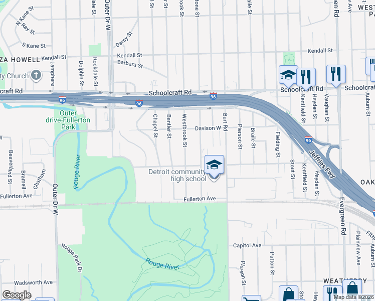 map of restaurants, bars, coffee shops, grocery stores, and more near 12865 Westbrook Street in Detroit