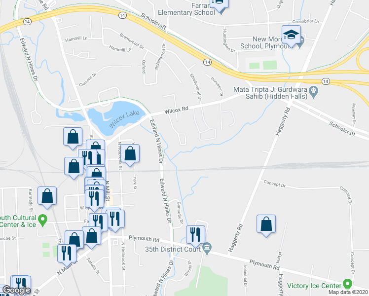 map of restaurants, bars, coffee shops, grocery stores, and more near 14000 Brougham Court in Plymouth