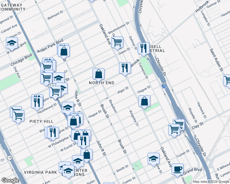 map of restaurants, bars, coffee shops, grocery stores, and more near 553 Alger Street in Detroit