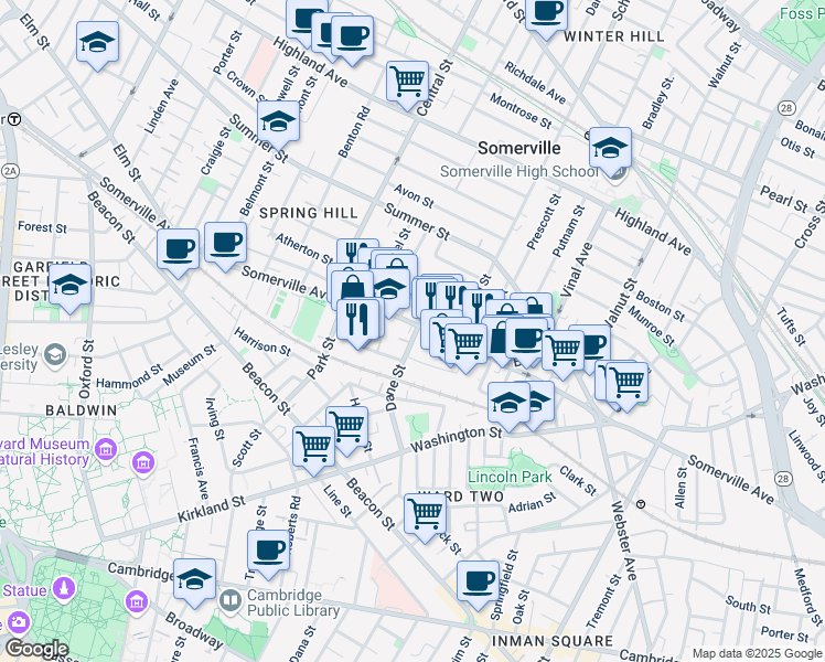 map of restaurants, bars, coffee shops, grocery stores, and more near 460 Somerville Avenue in Somerville
