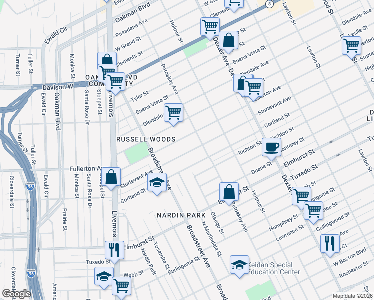 map of restaurants, bars, coffee shops, grocery stores, and more near 4268 Sturtevant Street in Detroit