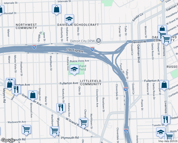 map of restaurants, bars, coffee shops, grocery stores, and more near 12708 Northlawn Street in Detroit