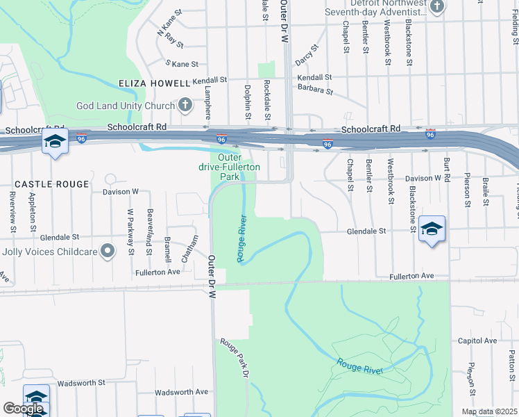 map of restaurants, bars, coffee shops, grocery stores, and more near 12645 Outer Drive West in Detroit
