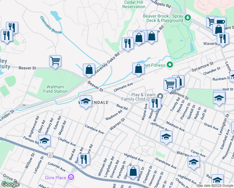 map of restaurants, bars, coffee shops, grocery stores, and more near 61 Beaver Street in Waltham