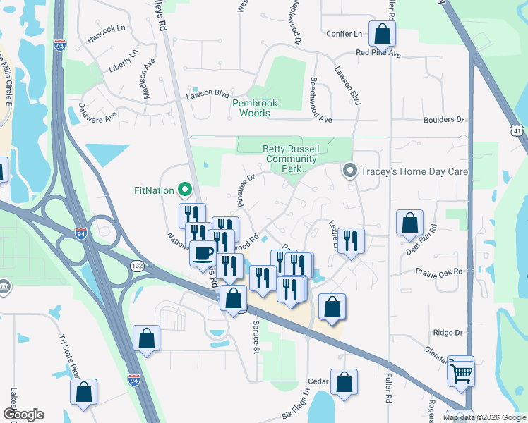 map of restaurants, bars, coffee shops, grocery stores, and more near 1591 Monterey Court in Gurnee