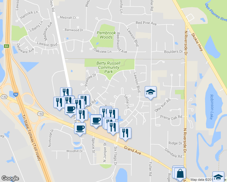 map of restaurants, bars, coffee shops, grocery stores, and more near 1484 Hazelwood Court in Gurnee