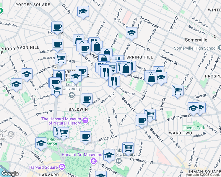 map of restaurants, bars, coffee shops, grocery stores, and more near 264 Beacon Street in Somerville