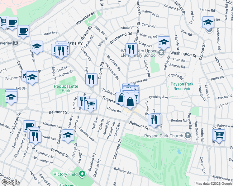 map of restaurants, bars, coffee shops, grocery stores, and more near 16 Hammond Road in Belmont