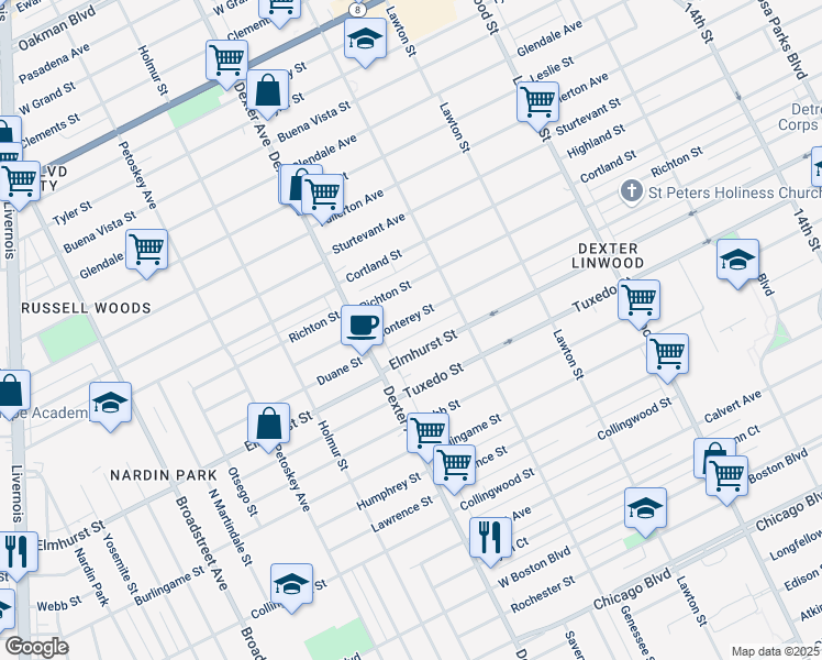 map of restaurants, bars, coffee shops, grocery stores, and more near 3307 Monterey Street in Detroit