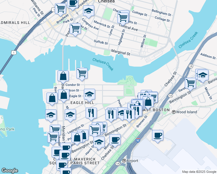 map of restaurants, bars, coffee shops, grocery stores, and more near 213 Condor Street in Boston