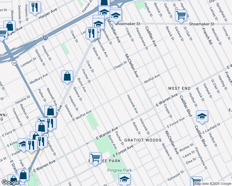 map of restaurants, bars, coffee shops, grocery stores, and more near 5323 Rohns Street in Detroit