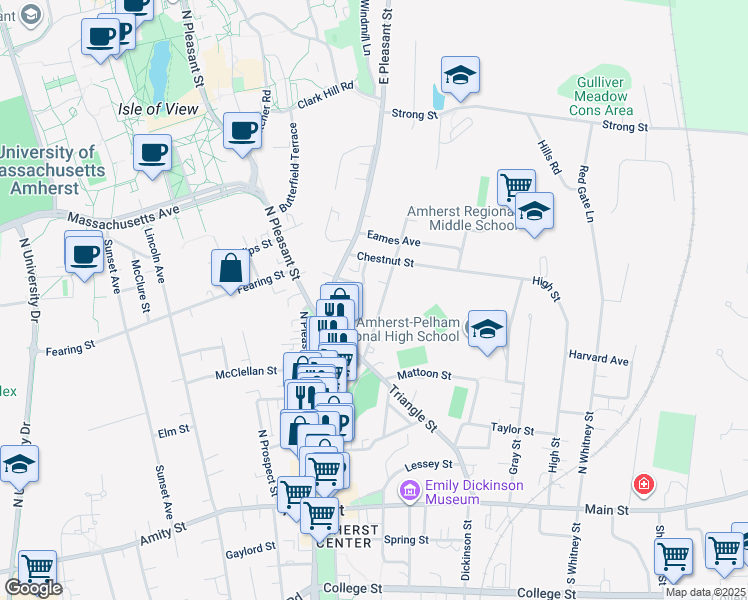 map of restaurants, bars, coffee shops, grocery stores, and more near 58 Cottage St in Amherst