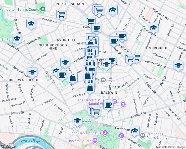 map of restaurants, bars, coffee shops, grocery stores, and more near 1675-1679 Massachusetts Avenue in Cambridge
