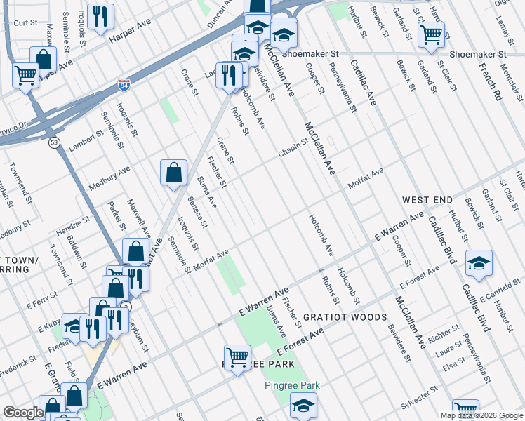 map of restaurants, bars, coffee shops, grocery stores, and more near 5362 Crane Street in Detroit