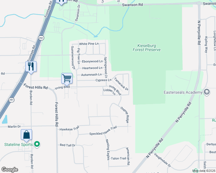 map of restaurants, bars, coffee shops, grocery stores, and more near 5534 Irving Boulevard in Machesney Park