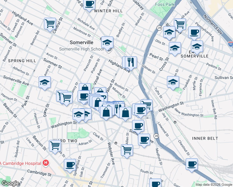 map of restaurants, bars, coffee shops, grocery stores, and more near 82 Munroe Street in Somerville
