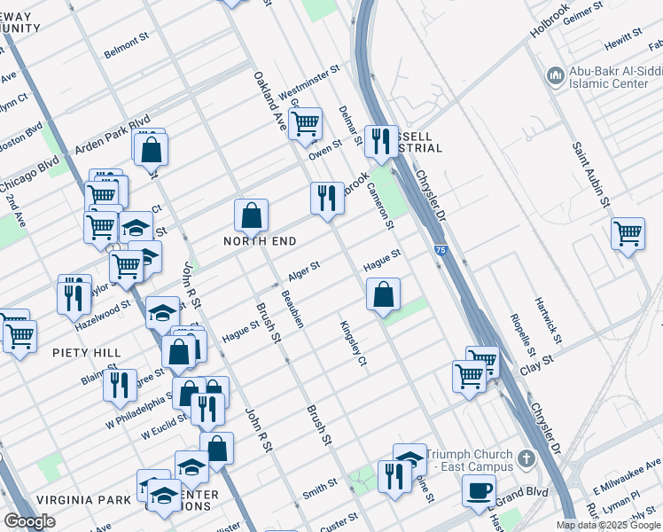 map of restaurants, bars, coffee shops, grocery stores, and more near 630 Alger Street in Detroit