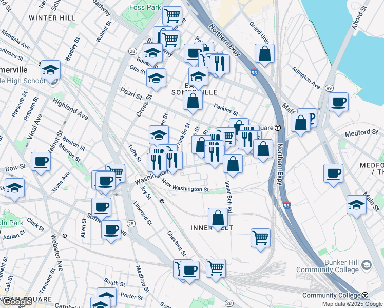map of restaurants, bars, coffee shops, grocery stores, and more near 16 Florence Street in Somerville