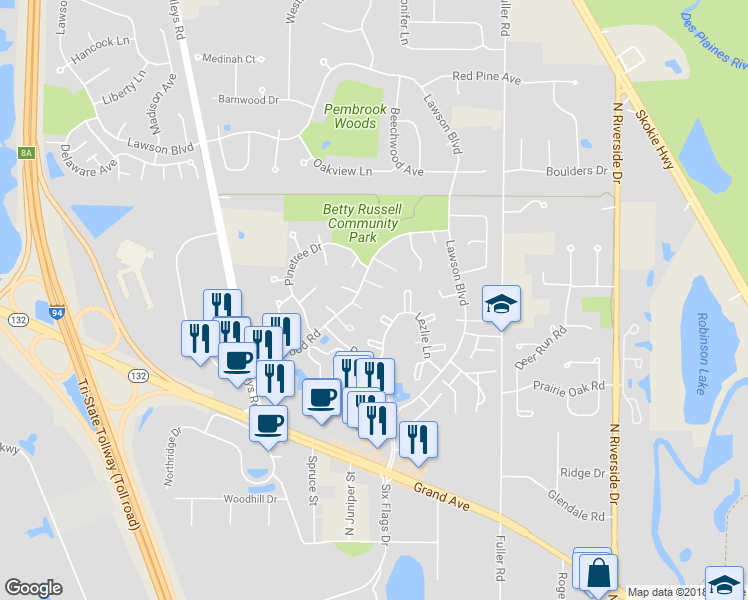 map of restaurants, bars, coffee shops, grocery stores, and more near 1496 Hazelwood Court in Gurnee