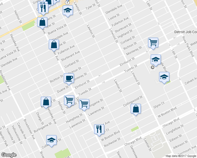 map of restaurants, bars, coffee shops, grocery stores, and more near 3023 Elmhurst Street in Detroit