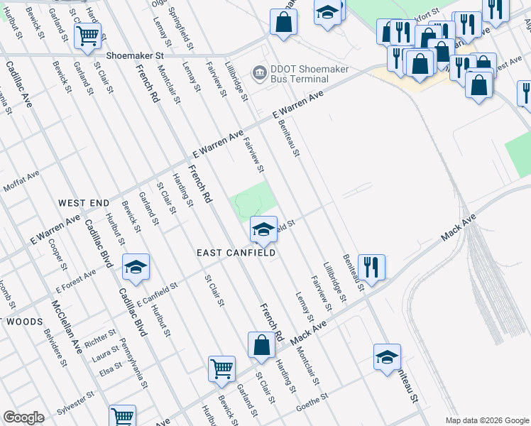 map of restaurants, bars, coffee shops, grocery stores, and more near 4462 Lemay Street in Detroit