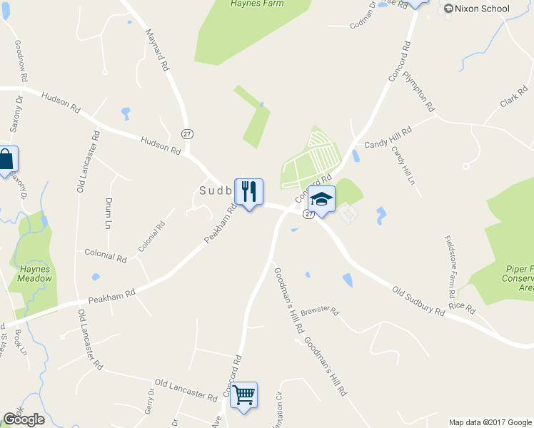 map of restaurants, bars, coffee shops, grocery stores, and more near 15 Hudson Road in Sudbury