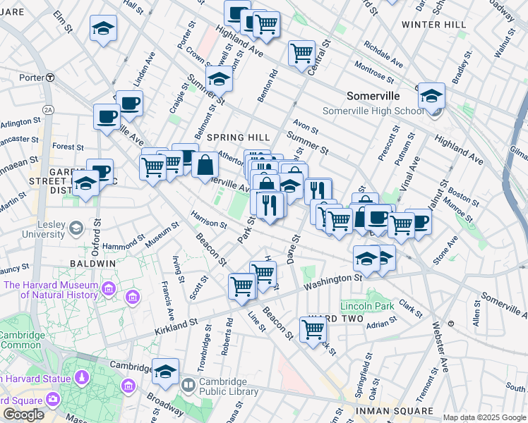 map of restaurants, bars, coffee shops, grocery stores, and more near 14 Park Street in Somerville