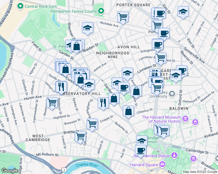 map of restaurants, bars, coffee shops, grocery stores, and more near 42 Fernald Drive in Cambridge
