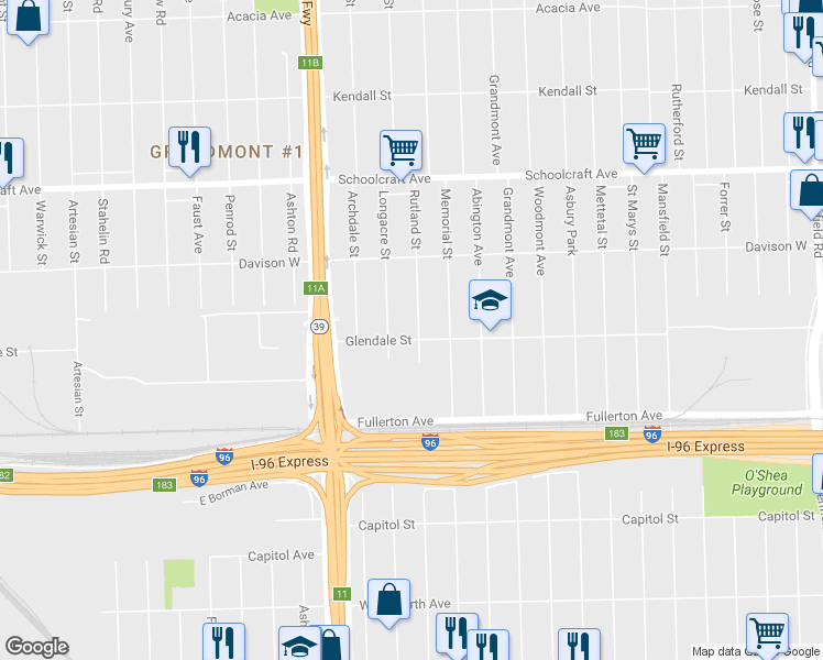 map of restaurants, bars, coffee shops, grocery stores, and more near 12817 Rutland Street in Detroit