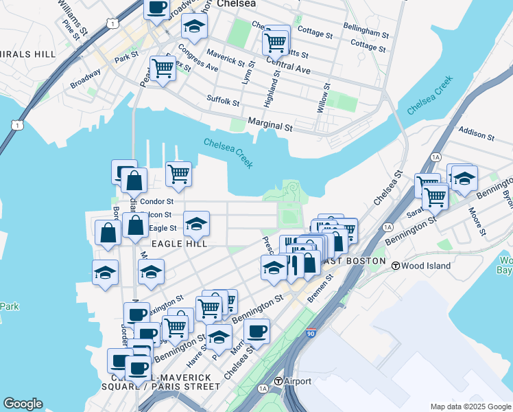 map of restaurants, bars, coffee shops, grocery stores, and more near 255 Condor Street in Boston