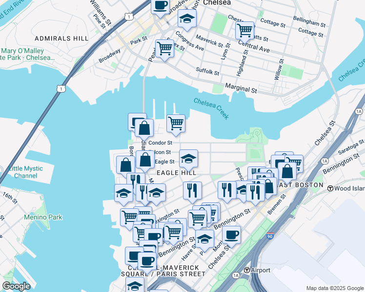 map of restaurants, bars, coffee shops, grocery stores, and more near 129 Condor Street in Boston