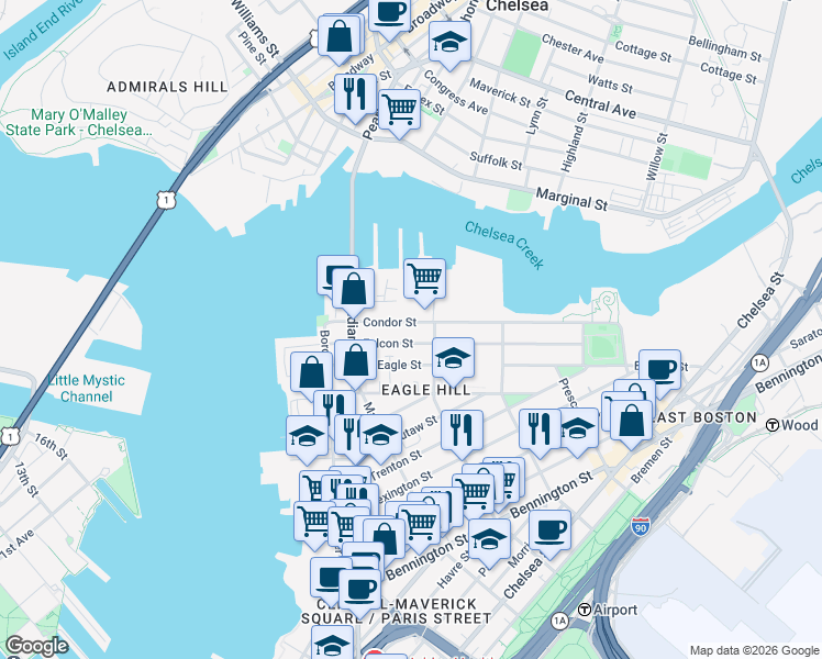 map of restaurants, bars, coffee shops, grocery stores, and more near 87 Condor Street in Boston