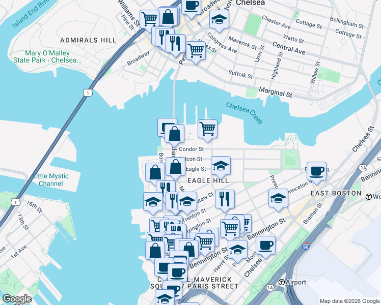 map of restaurants, bars, coffee shops, grocery stores, and more near 47 Condor Street in Boston