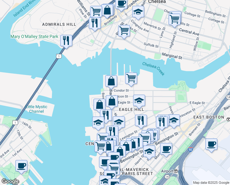 map of restaurants, bars, coffee shops, grocery stores, and more near 47 Condor Street in Boston