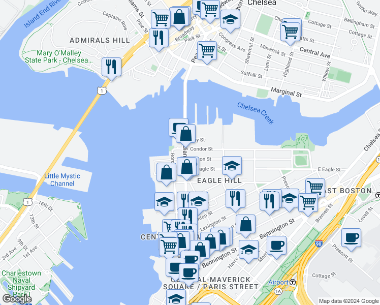 map of restaurants, bars, coffee shops, grocery stores, and more near 47 Condor Street in Boston